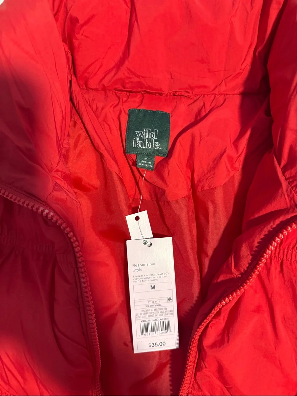 Wild Fable Red Puffer Jacket Women’s Medium NWT Lightweight Cropped Zip Coat